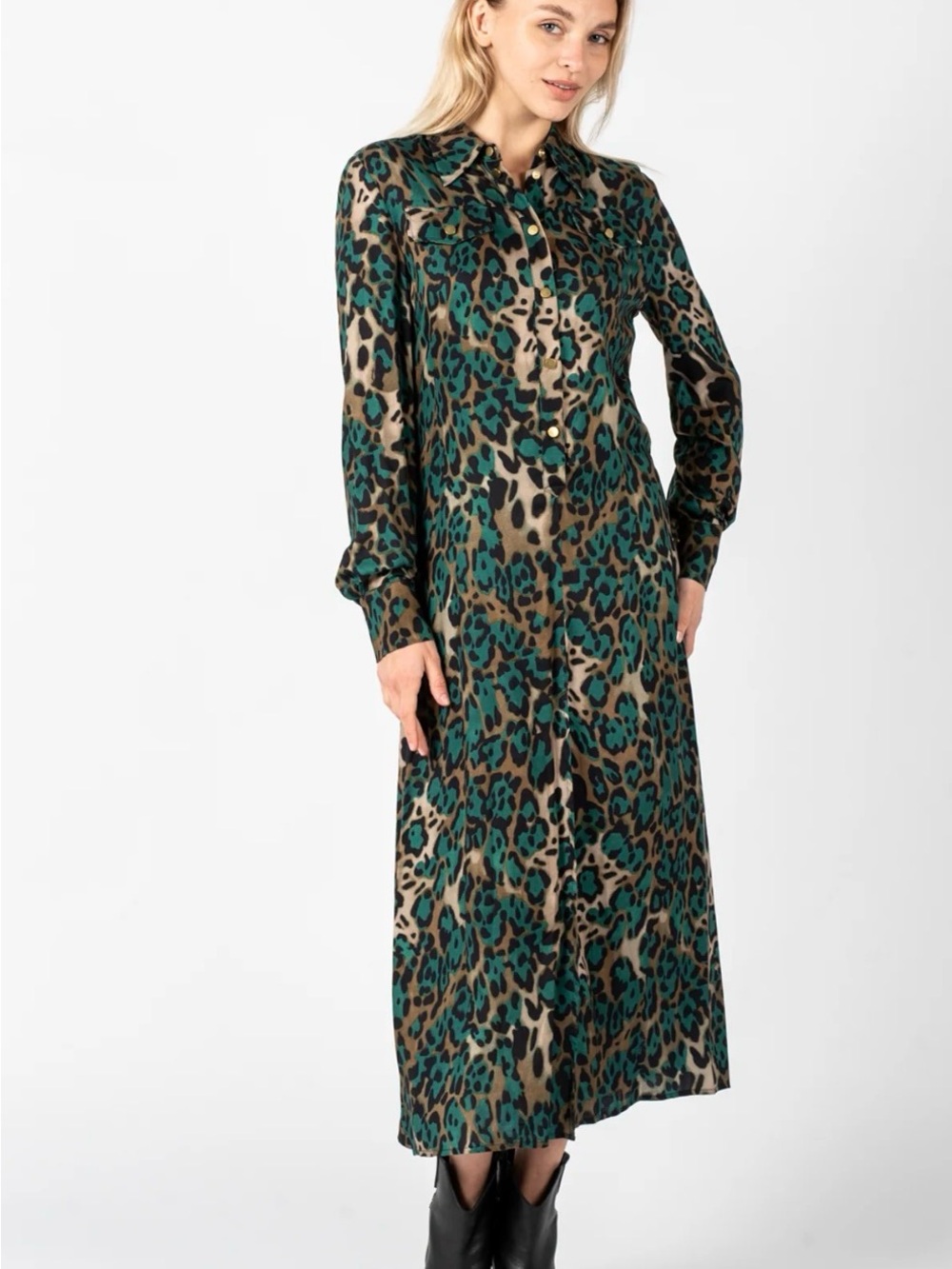 Pinko Green Leopard-Print Long Sleeve Shirt Dress